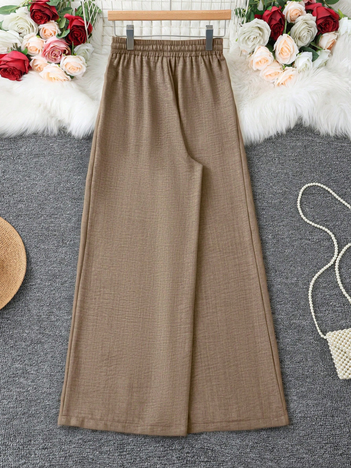 Loose Fit Women's Denim Effect Wide Leg Pants, Casual Long Pants With Drawstring Pockets, Creating Comfortable Everyday Look