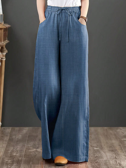 Loose Fit Women's Denim Effect Wide Leg Pants, Casual Long Pants With Drawstring Pockets, Creating Comfortable Everyday Look