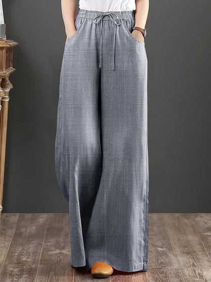 Loose Fit Women's Denim Effect Wide Leg Pants, Casual Long Pants With Drawstring Pockets, Creating Comfortable Everyday Look