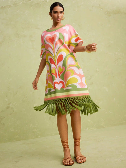 LOTSLUV Women's Spring/Summer Vacation Casual Boho Heart Floral Print Round Neck Loose Short Sleeve Patchwork Tassel Trim Short Dress Vacation Pink Green