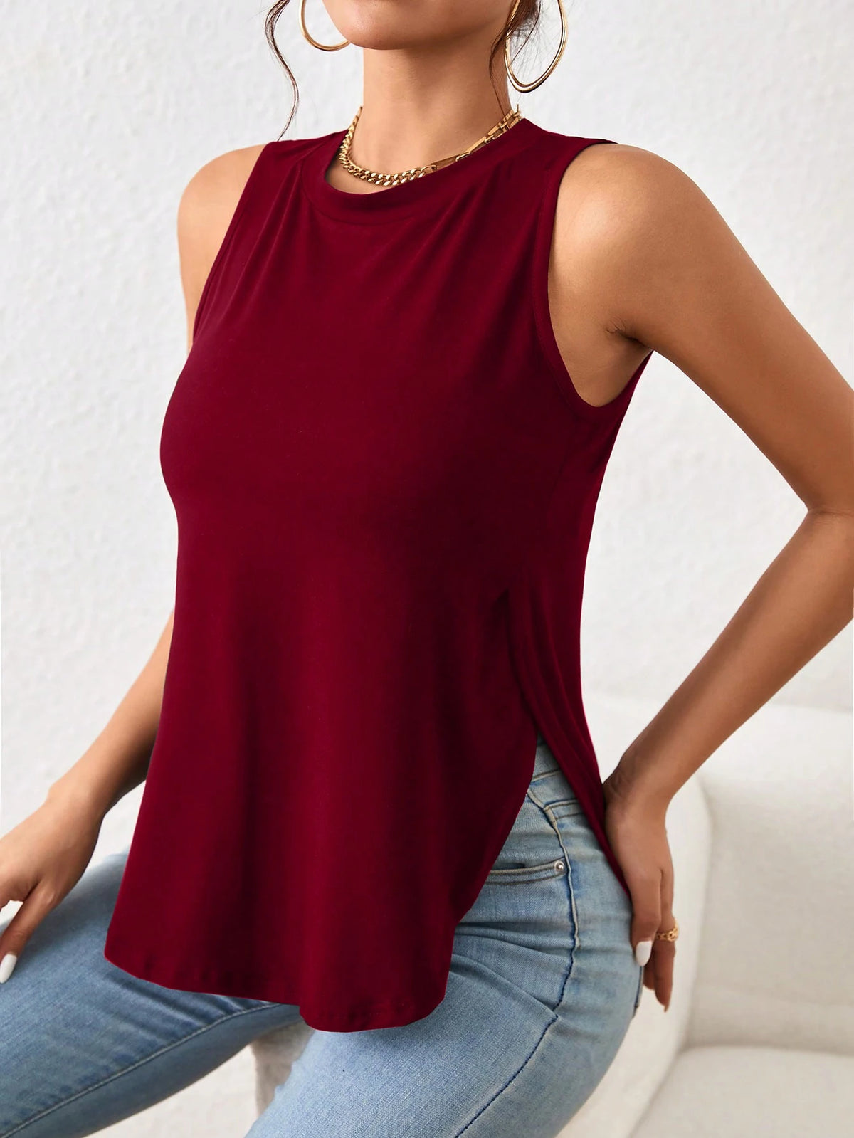 LUNE Burgundy Summer Casual Asymmetric Hem Top For Women, Commuting Work Tops, Occasion Bottoming Shirt, Sleeveless Slim Fit Work Outfits For Women