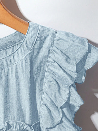 LUNE Ruffle Butterfly Sleeve Shirts For Women, Loose Fit Chiffon Sleeveless Blouse, French Romantic Style, Summer Cute Tops Crop Top Light Blue