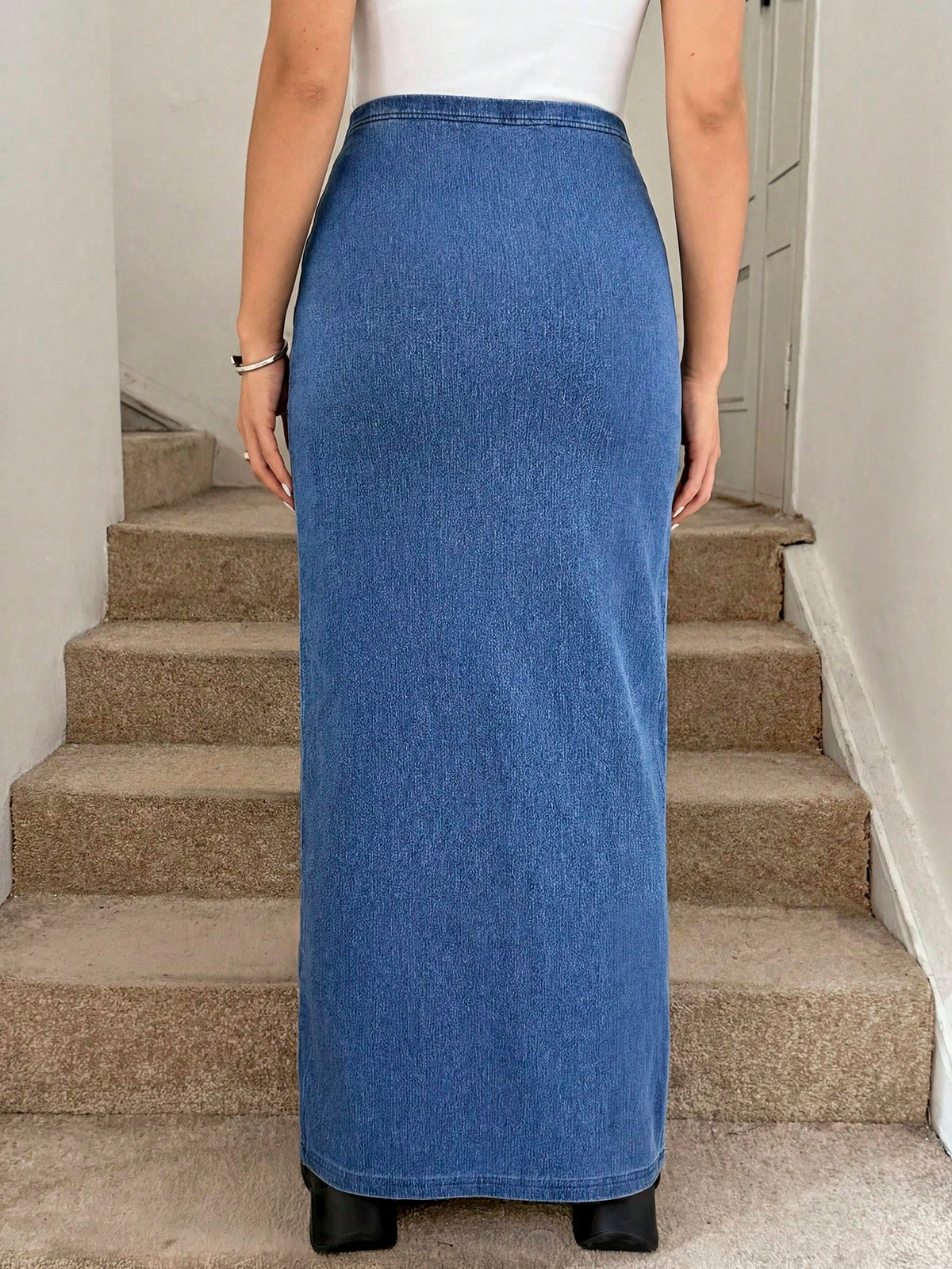 Maternity Dusky Blue,Summer,Casual,Everyday Elastic Waist Fitted Denim Skirt,Pregnancy Long Denim Plus Size Skirt With Stretchable Waist For Women