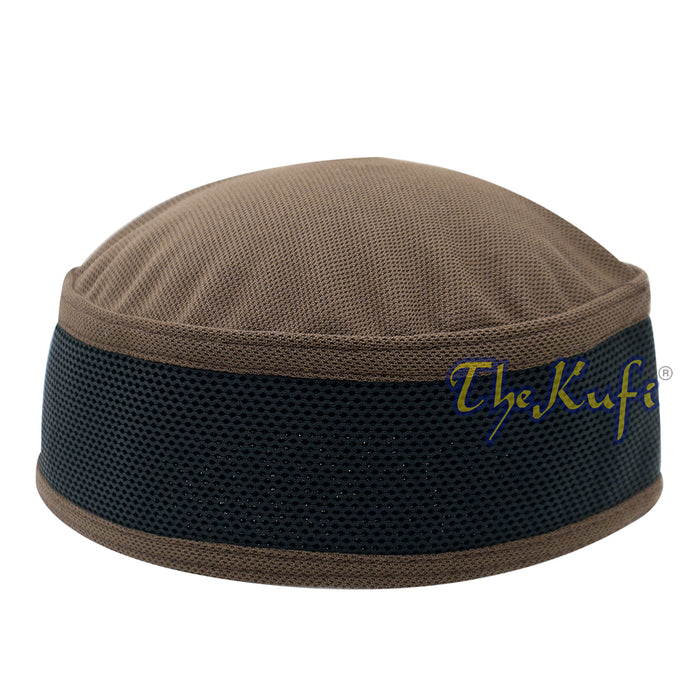 Brown and black mesh Islamic kufi cap with a breathable ventilated design from TheKufi.com.