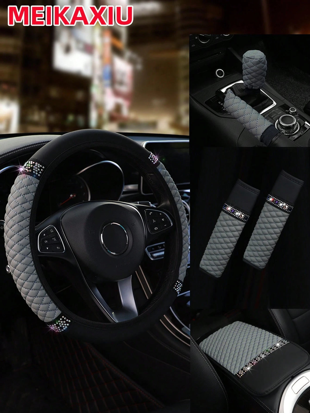 MEIKAXIU 6pcs Set Leather Colorful Crystal Bling Steering Wheel Cover, Handbrake Cover, Gear Shift Knob Cover, Shoulder Pads, Armrest Pad, Suitable For 14.5-15 Inches, 4 Seasons Universal Car Interior