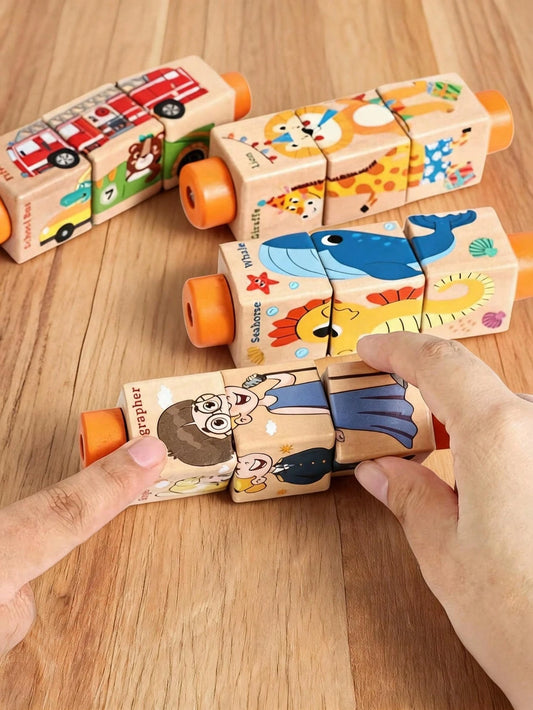 MINKOJA 4-In-1 Twist & Learn Puzzle Blocks- Vehicles, Animals, Ocean & Jobs- Sensory Fine Motor Skills Toy For Toddlers- Educational Shape Matching & Parent-Child Interaction Building Blocks For Ag