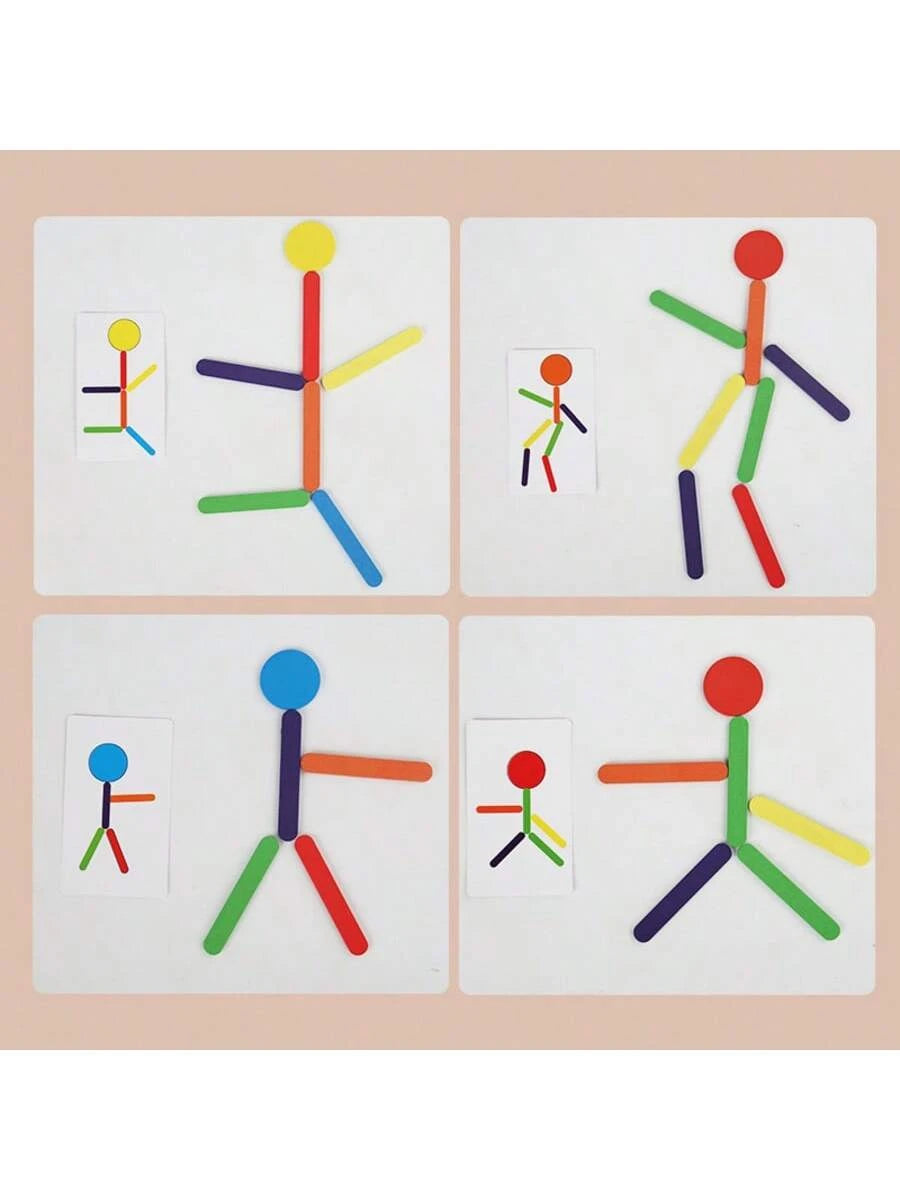 MINKOJA Creative Versatile Stick Figure Wooden Puzzle – Montessori Early Learning Educational STEM Toy, Action Imitation & Hand-Eye Coordination Training, Colorful Wooden Stick Shape Building Game, Fo