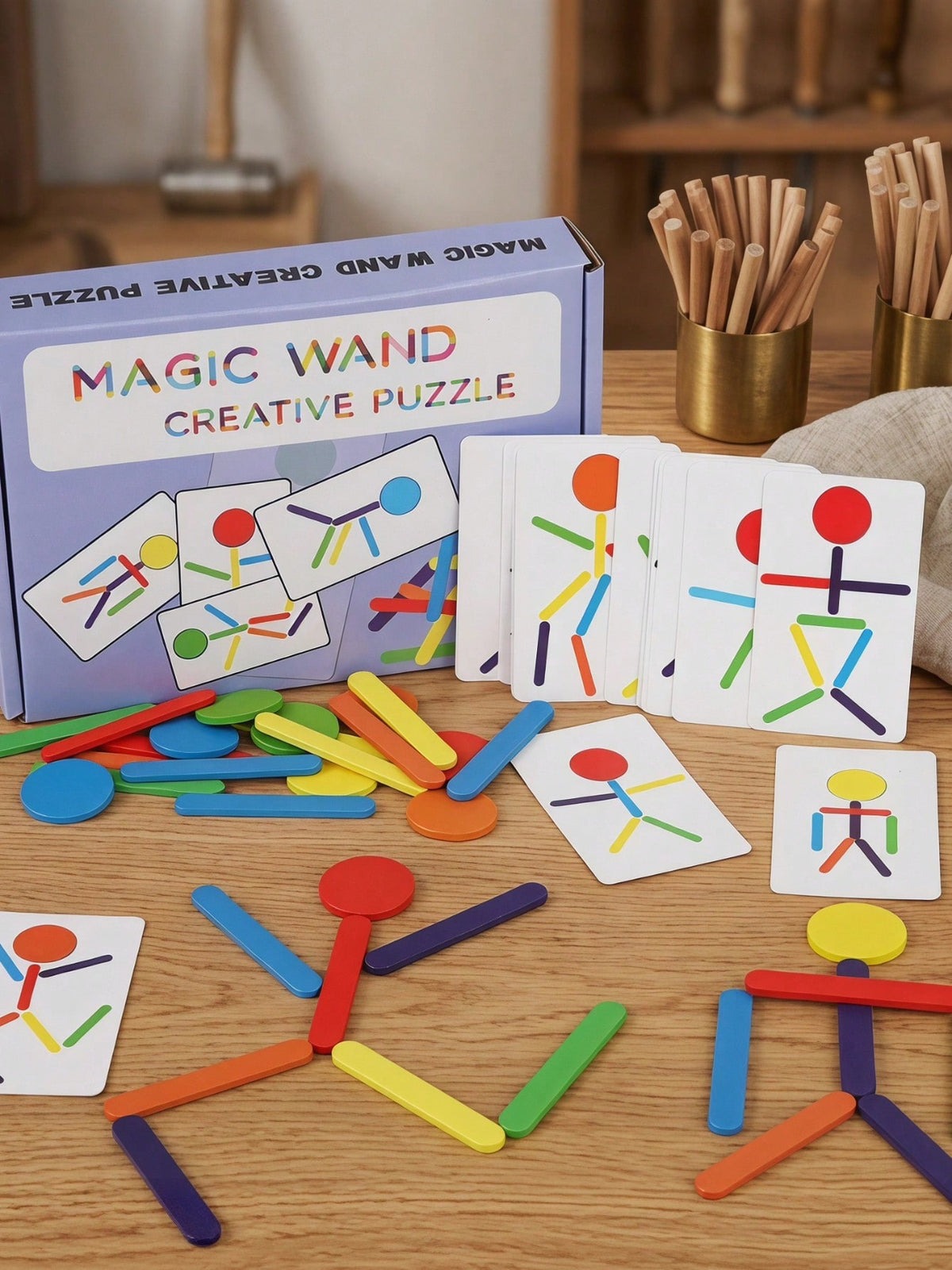 MINKOJA Creative Versatile Stick Figure Wooden Puzzle – Montessori Early Learning Educational STEM Toy, Action Imitation & Hand-Eye Coordination Training, Colorful Wooden Stick Shape Building Game, Fo