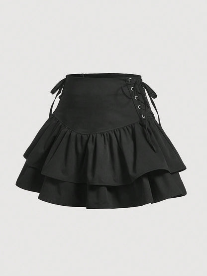 MOD Lace Up Side Ruffle Hem Skirt