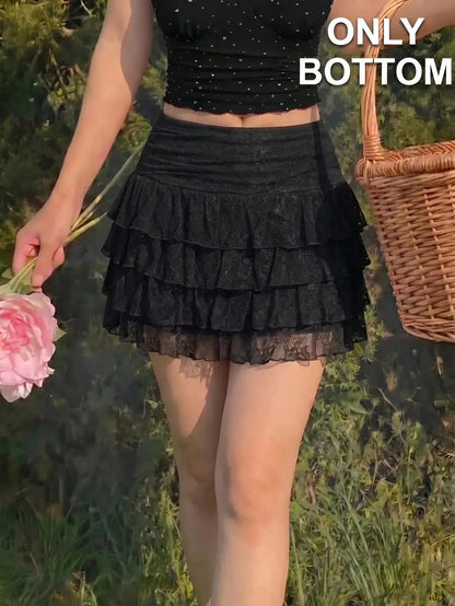 MOD Women's Black Lace Ruffle Hem Mini Skirt,Valentine Dayvacation Outfits Woman,Club Outfits Women Sexy