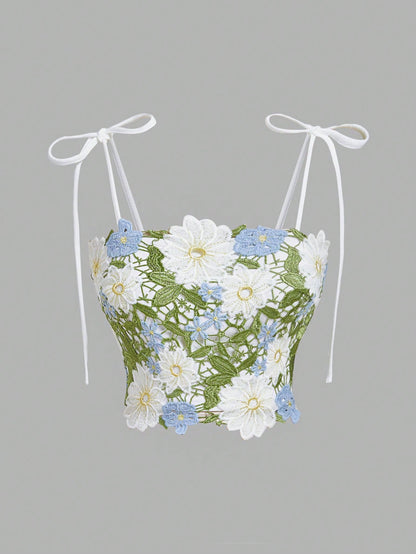 MOD Women's Guipure Lace Floral Bow Strap Camisole Top, Summer Cottage Core Holiday Vacation Summer, Elegant Party