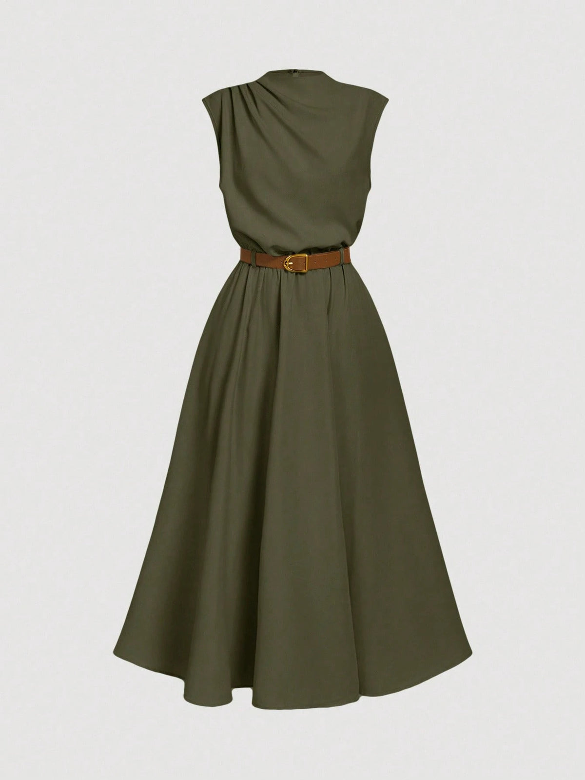MOD Women's Solid Color Sleeveless Dress (With Belt), Back To School Season, Olive Dress