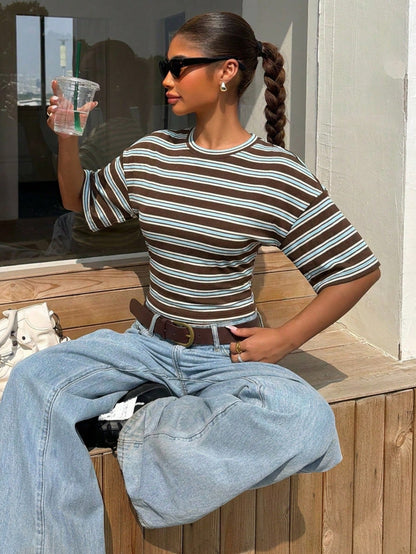 Muchica Casual Minimalist Style College Ribbed Knit Fitted T-Shirt, Purple & Blue, Suitable For Spring/Summer,Summer Top