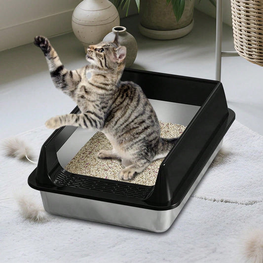 Multi-Functional Stainless Steel Cat Litter Boxs With Low Entry, High Sided Extra Large Litter Box, Low Entry Litter Box For Dormitory Indoor Car Living Room, Easy To Cleaning