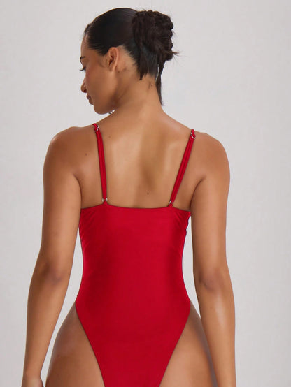 Musera Resort Straight Neck Strappy Binding High Leg Cheeky Swimsuit Swim Vacation Holiday Summer Travel Beachwear Basics Solid Colour Swimwear Resort Core