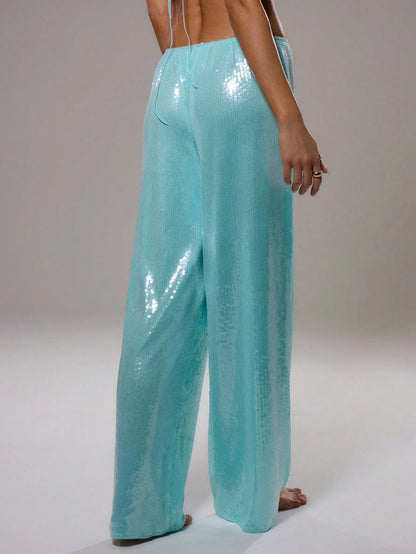 MUSERA Sequin Low Rise Trousers Vacation Summer Ibiza Fits Elegant Beachwear Boho Casual Rave Festival Party Sparkly Pants Spring Holiday Carnival