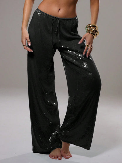 MUSERA Sequin Low Rise Trousers Vacation Summer Ibiza Fits Elegant Beachwear Boho Casual Rave Festival Party Sparkly Pants Spring Holiday Carnival