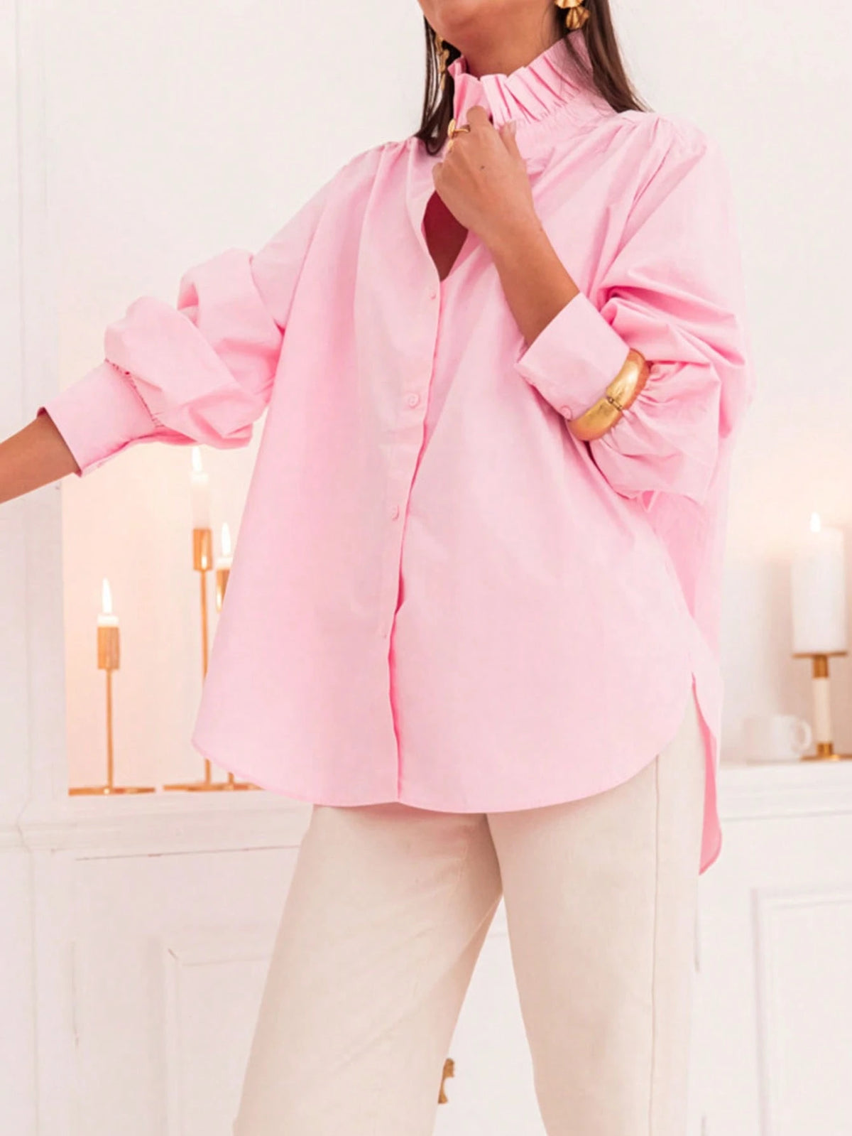 New Arrival Fashionable Elegant Solid Color Lantern Sleeve Stand Collar Casual Shirt, Suitable For Daily, Festivals, Vacation, And Dates Pink