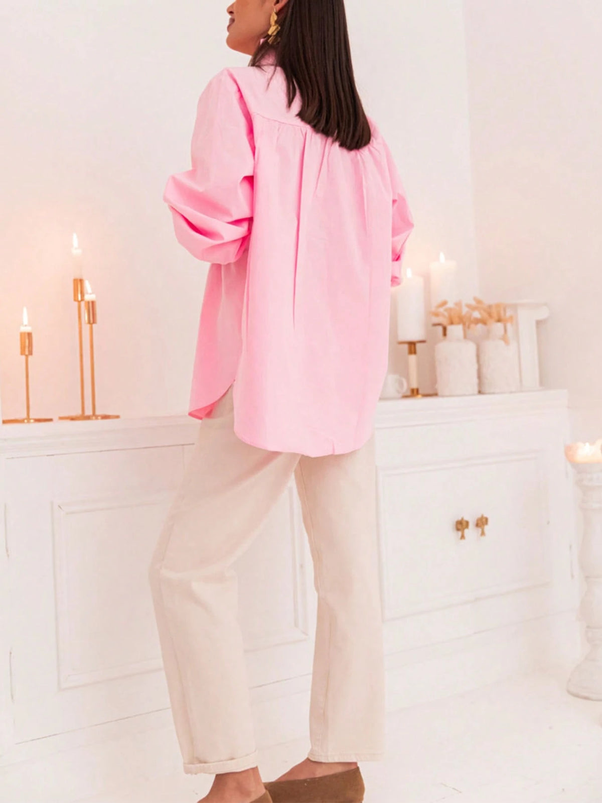 New Arrival Fashionable Elegant Solid Color Lantern Sleeve Stand Collar Casual Shirt, Suitable For Daily, Festivals, Vacation, And Dates Pink