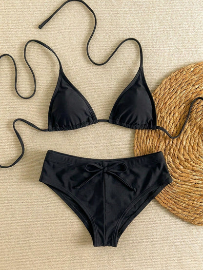 New Sexy Polka Dot Print Backless Bow Tie Bikini Set, Spaghetti Strap Summer Beach Swimwear For Pool Party Vacation