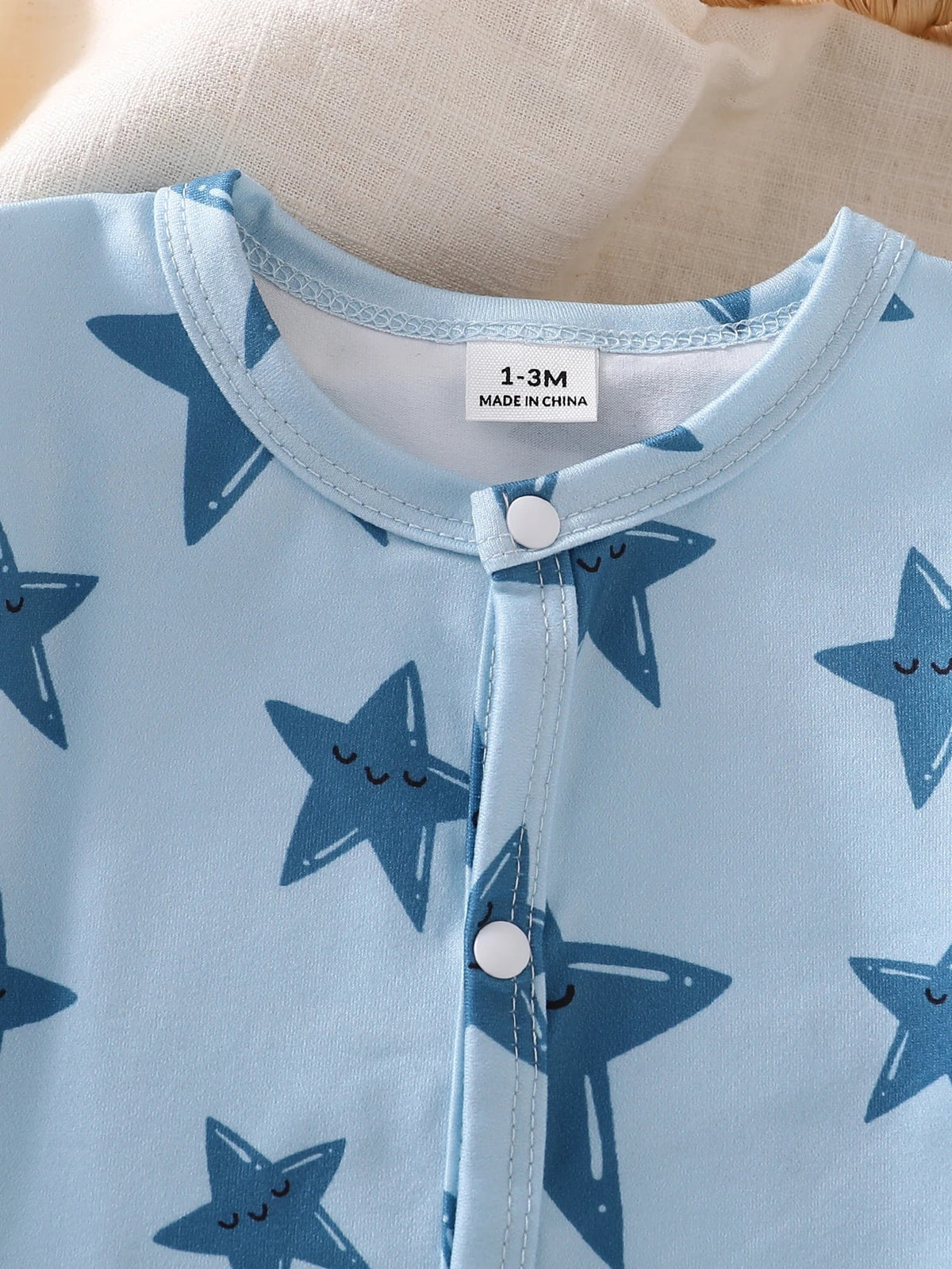 Newborn Baby Blue Star Print Long Sleeve Jumpsuit Romper Pajamas