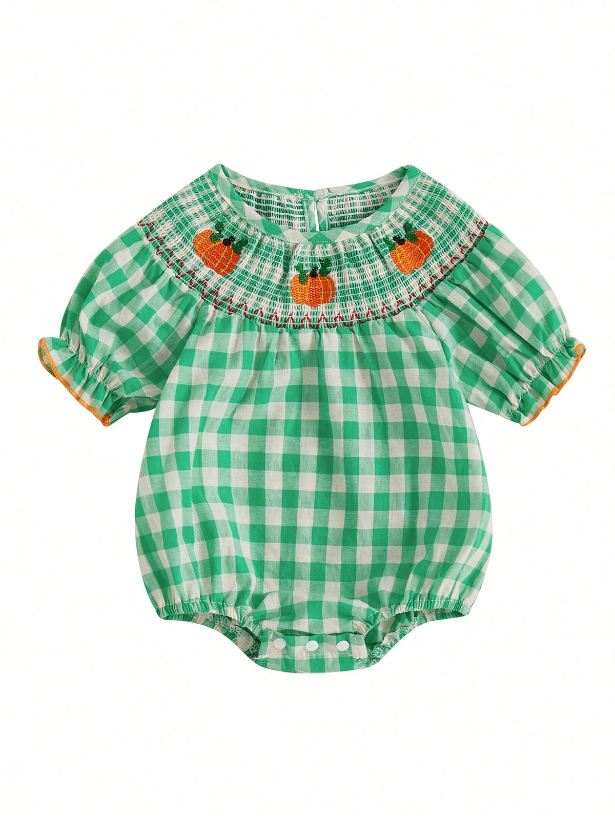 Newborn Baby Girls Halloween Outfit Fall Romper Bodysuit Pumpkin Embroidered Plaid Short Puff Sleeve Crew Neck Ruffled Jumpsuits Playsuit Toddler Infant Halloween One Piece Outfit Clothes
