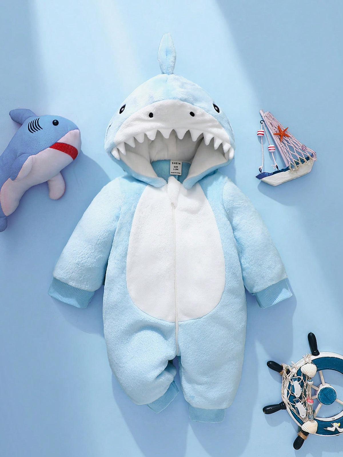Newborn Shark Shaped Outfit, Cute Plush Shark Shaped 3D Hat, Embroidered Shark Face, Long Sleeve Jumpsuit For Baby