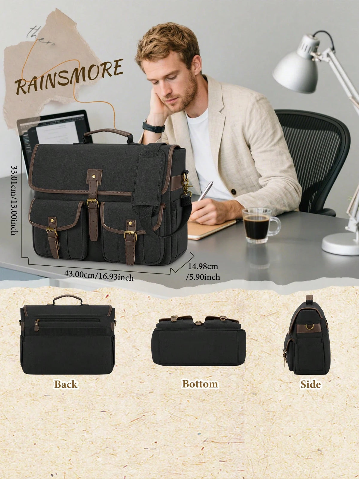 NEWHEY 17.3 Inch Canvas Shoulder Laptop Bag For Men, Waterproof Retro Crossbody Bag, Large Capacity Handheld Briefcase Messenger Bag