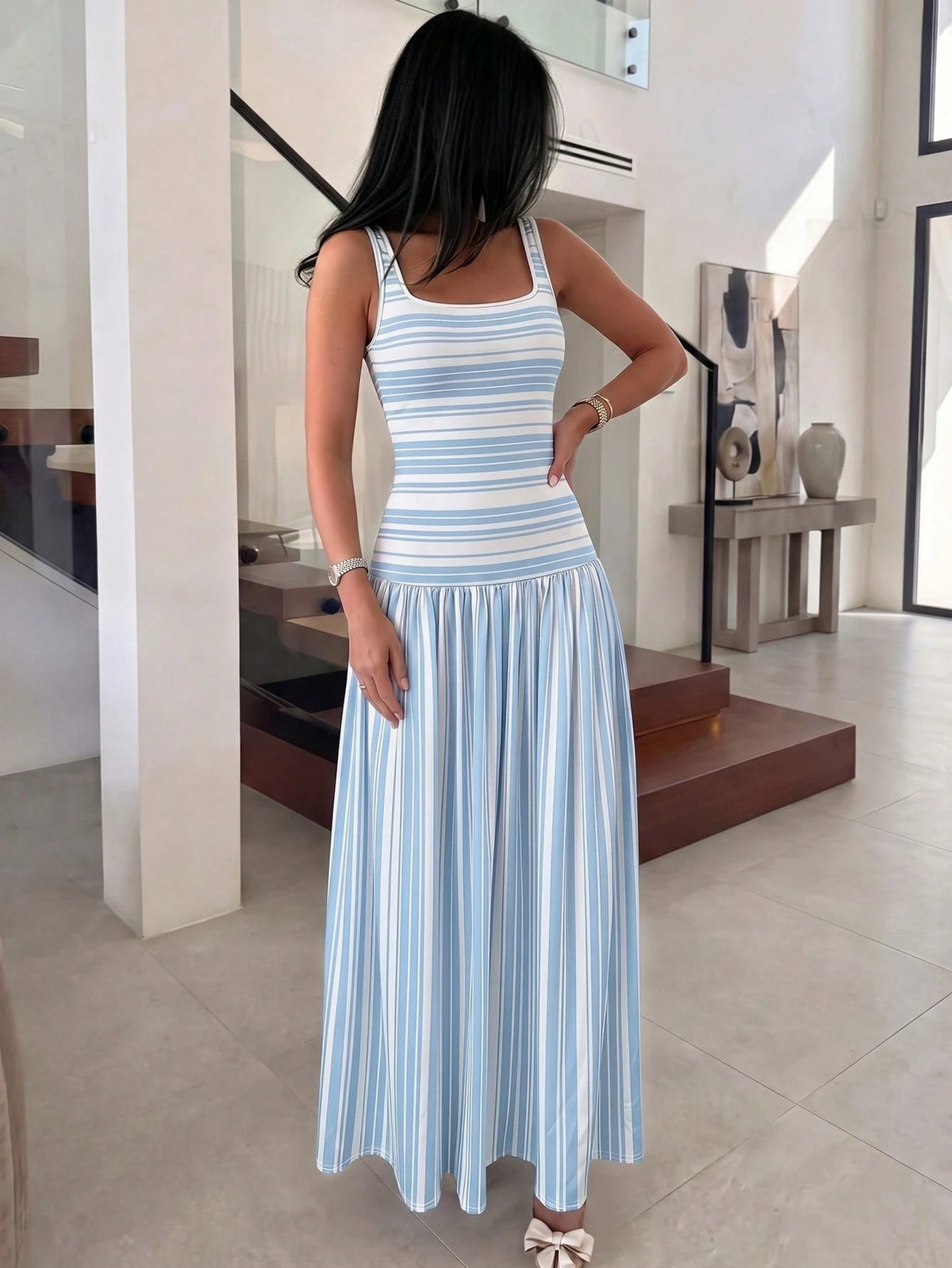 NOVVYNE Women's Long Knit Striped Patchwork Vest-Style Romantic Vacation Charm French Long Dress