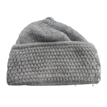One-Size Gray Thick-Weave Stretchy Double Layer Warm Cotton-Acrylic Beanie Hat with pom-pom