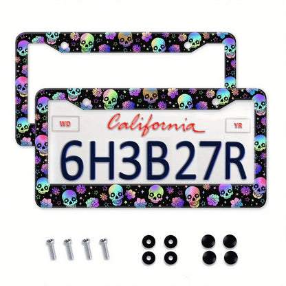 Original Design Colorful Skull Flower And Star Aluminum Alloy License Plate Frame