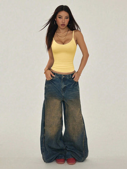 PETITE Mustard Yellow Casual Knitted Cami With Spaghetti Straps And Backless Design Y2k Tops Tank Top Summer 2000s Clothes Women,Petite Women
