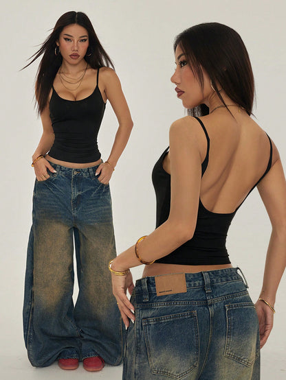 PETITE Mustard Yellow Casual Knitted Cami With Spaghetti Straps And Backless Design Y2k Tops Tank Top Summer 2000s Clothes Women,Petite Women