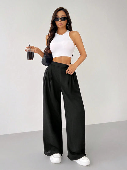 PETITE Women's Solid Color Simple Daily Basic Pants,Petite Women Teachers' Day Work Office Black Autumn Casual Basic