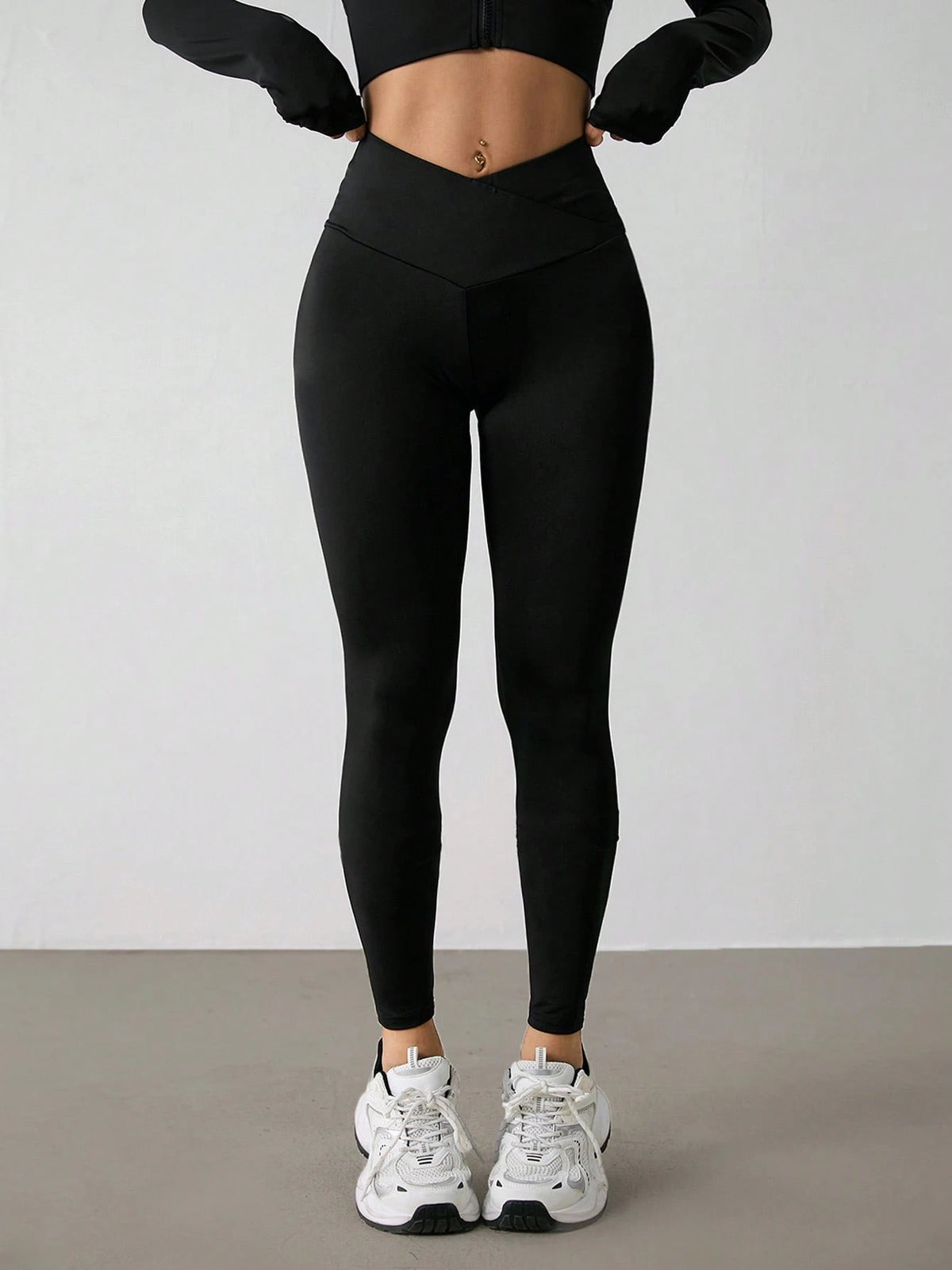 PETITE Women's Solid Color V-Waist Elastic Skinny Pants,Petite Women Gym Black Autumn Sporty