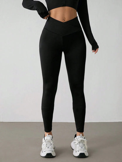 PETITE Women's Solid Color V-Waist Elastic Skinny Pants,Petite Women Gym Black Autumn Sporty