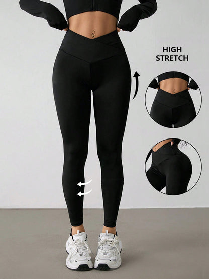 PETITE Women's Solid Color V-Waist Elastic Skinny Pants,Petite Women Gym Black Autumn Sporty