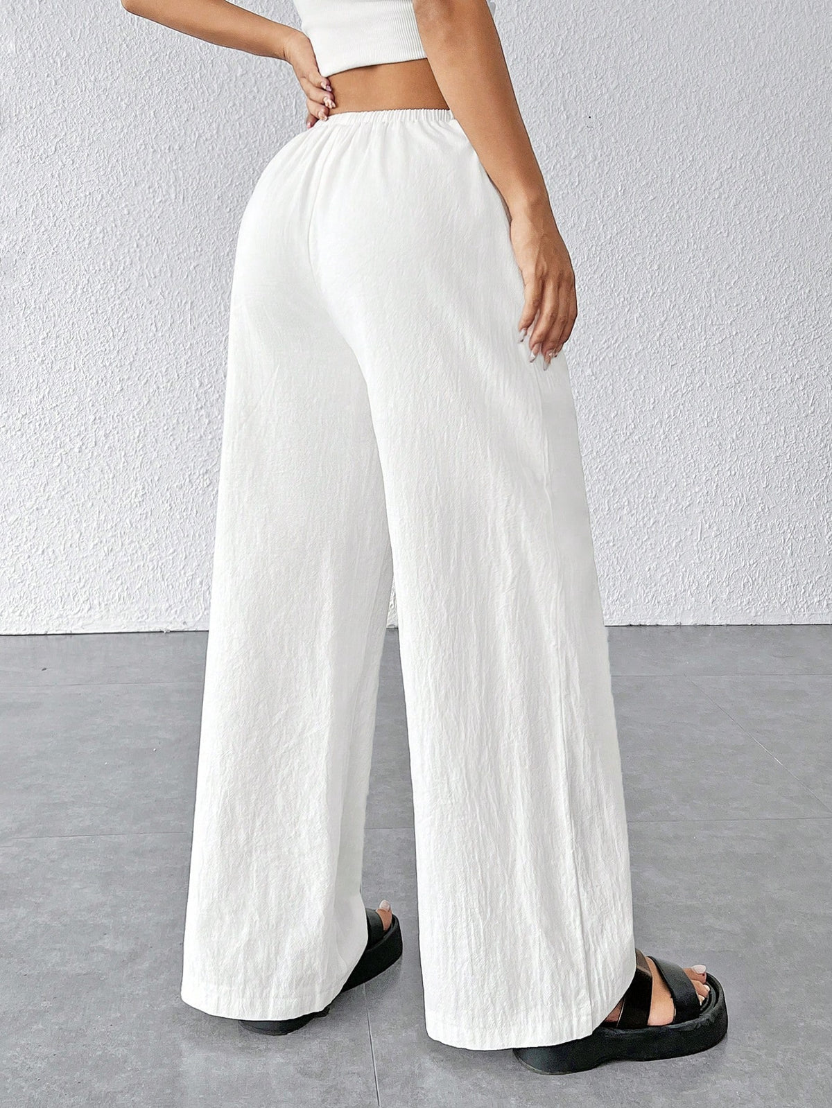 PETITE Women Textured Simple Loose Wide Leg White Pants,Petite Women