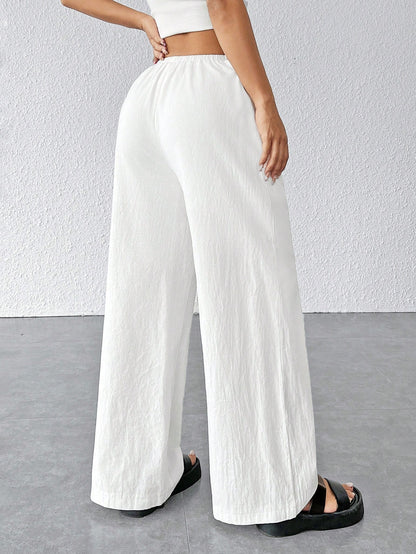 PETITE Women Textured Simple Loose Wide Leg White Pants,Petite Women