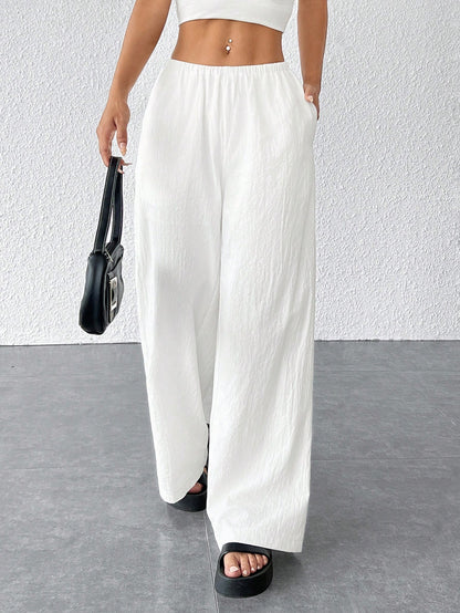 PETITE Women Textured Simple Loose Wide Leg White Pants,Petite Women