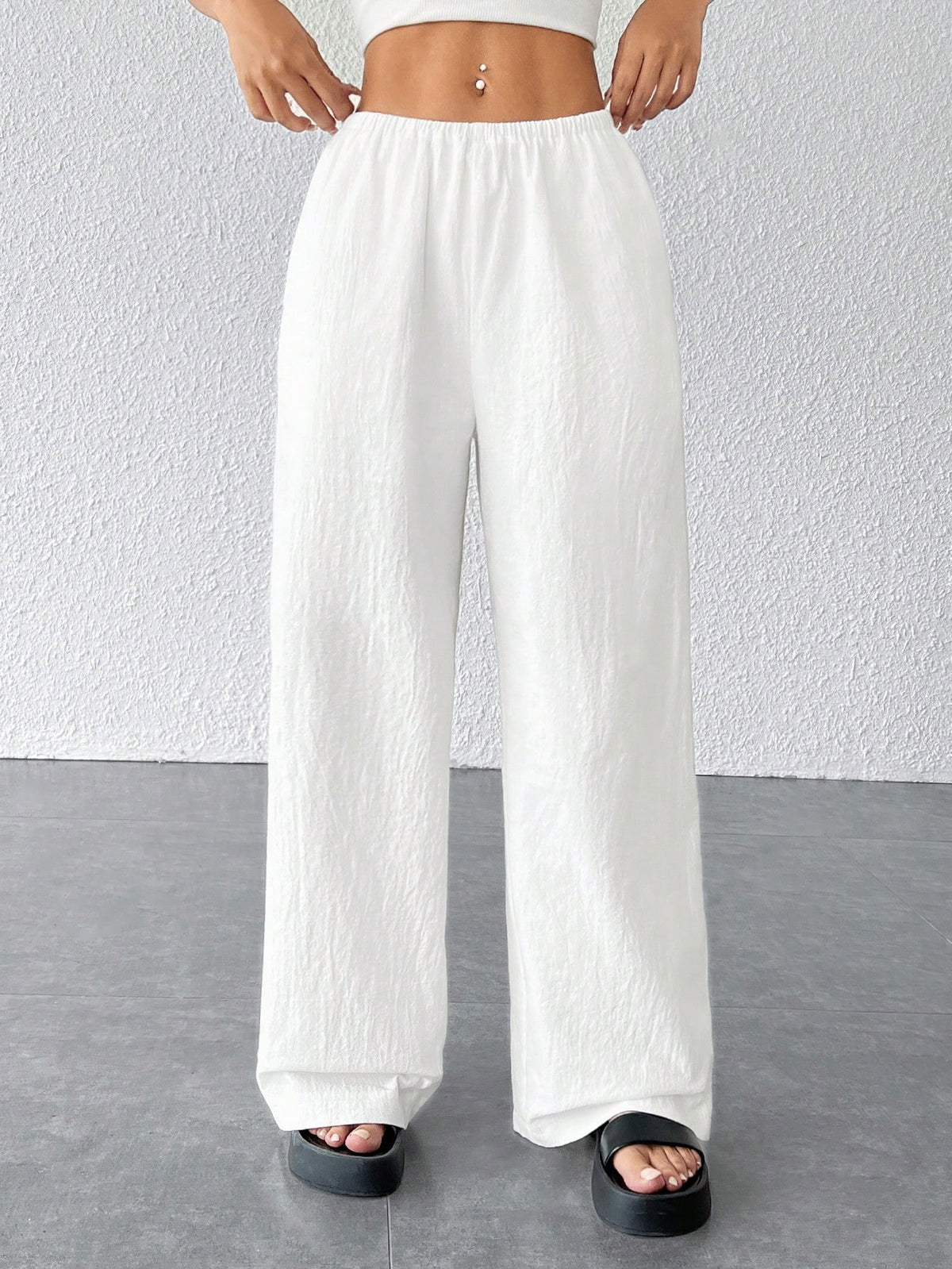 PETITE Women Textured Simple Loose Wide Leg White Pants,Petite Women