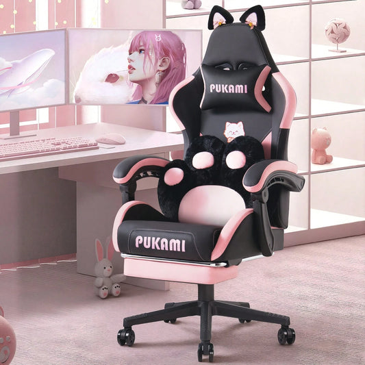 Pink Gaming Chair| Cat Ears, Cute Cat Paw Cushion Pillow, Footrest, Ergonomic, Kawaii, Reclining| Girl, Sweet And Cool