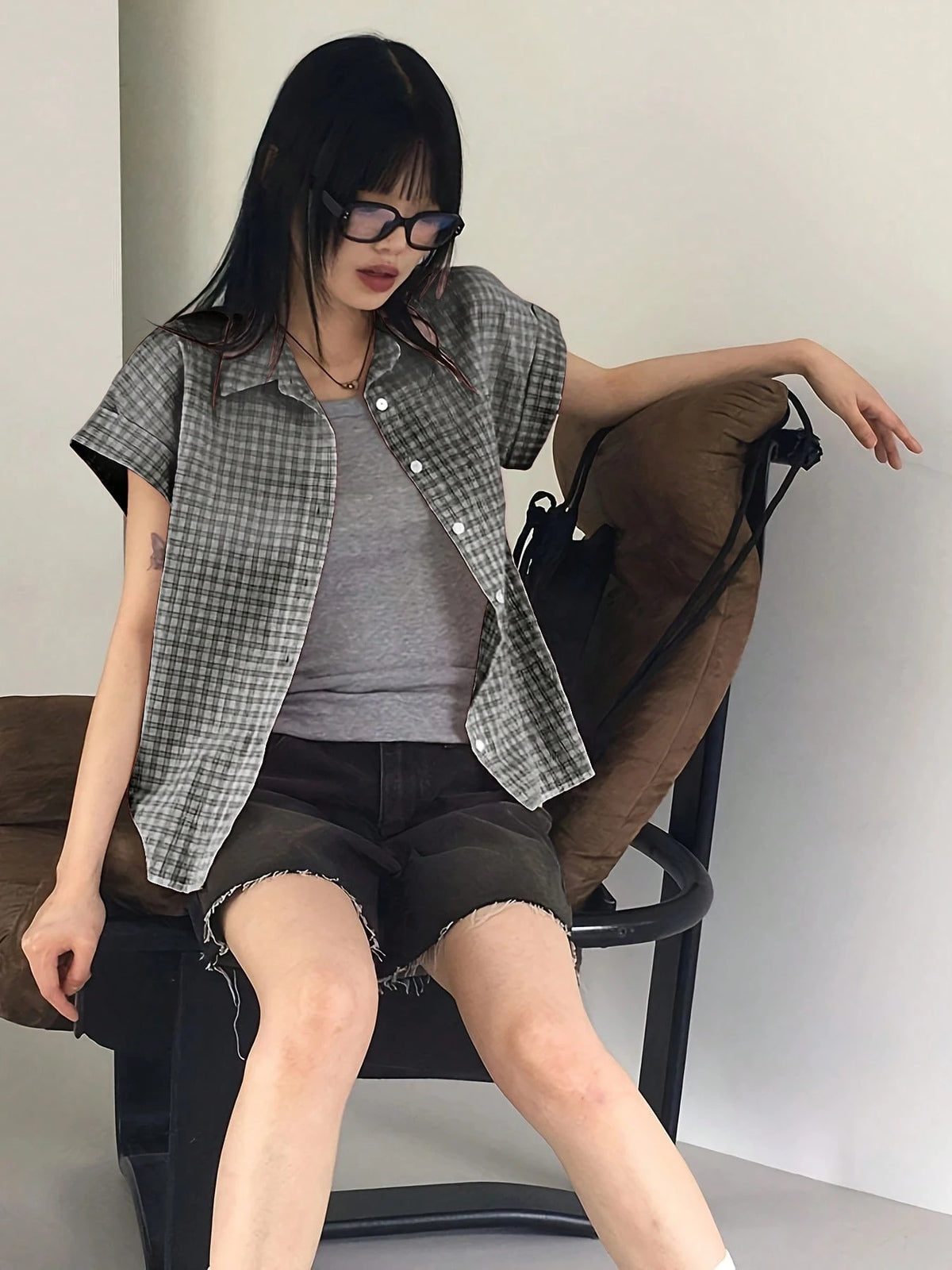 Plaid Print Button Front Shirt, Women Casual Short Sleeve Blouse For Spring And Summer Black