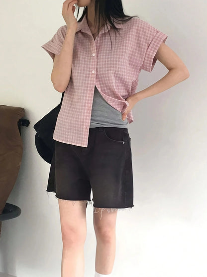 Plaid Print Button Front Shirt, Women Casual Short Sleeve Blouse For Spring And Summer Black