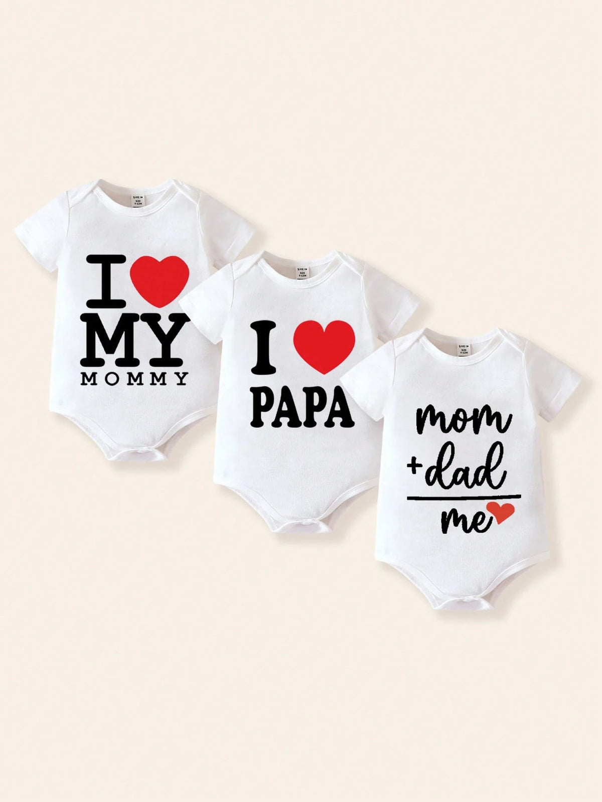 Playful Pals White And Red 3pcs Newborn Baby Boy/Girl Mother's Day/Father's Day 'i Love Mom/Dad' Slogan Short Sleeve Summer Casual Cute Family Matching Bodysuit