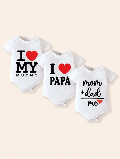 Playful Pals White And Red 3pcs Newborn Baby Boy/Girl Mother's Day/Father's Day 'i Love Mom/Dad' Slogan Short Sleeve Summer Casual Cute Family Matching Bodysuit