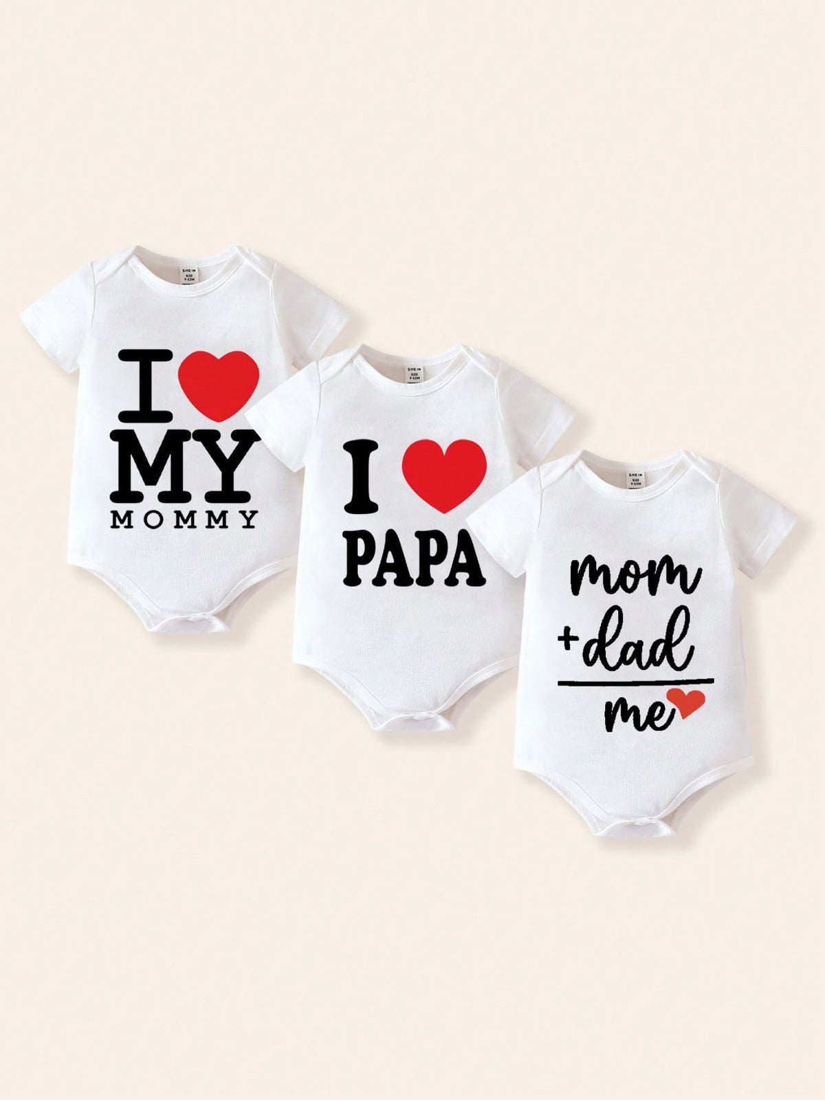 Playful Pals White And Red 3pcs Newborn Baby Boy/Girl Mother's Day/Father's Day 'i Love Mom/Dad' Slogan Short Sleeve Summer Casual Cute Family Matching Bodysuit