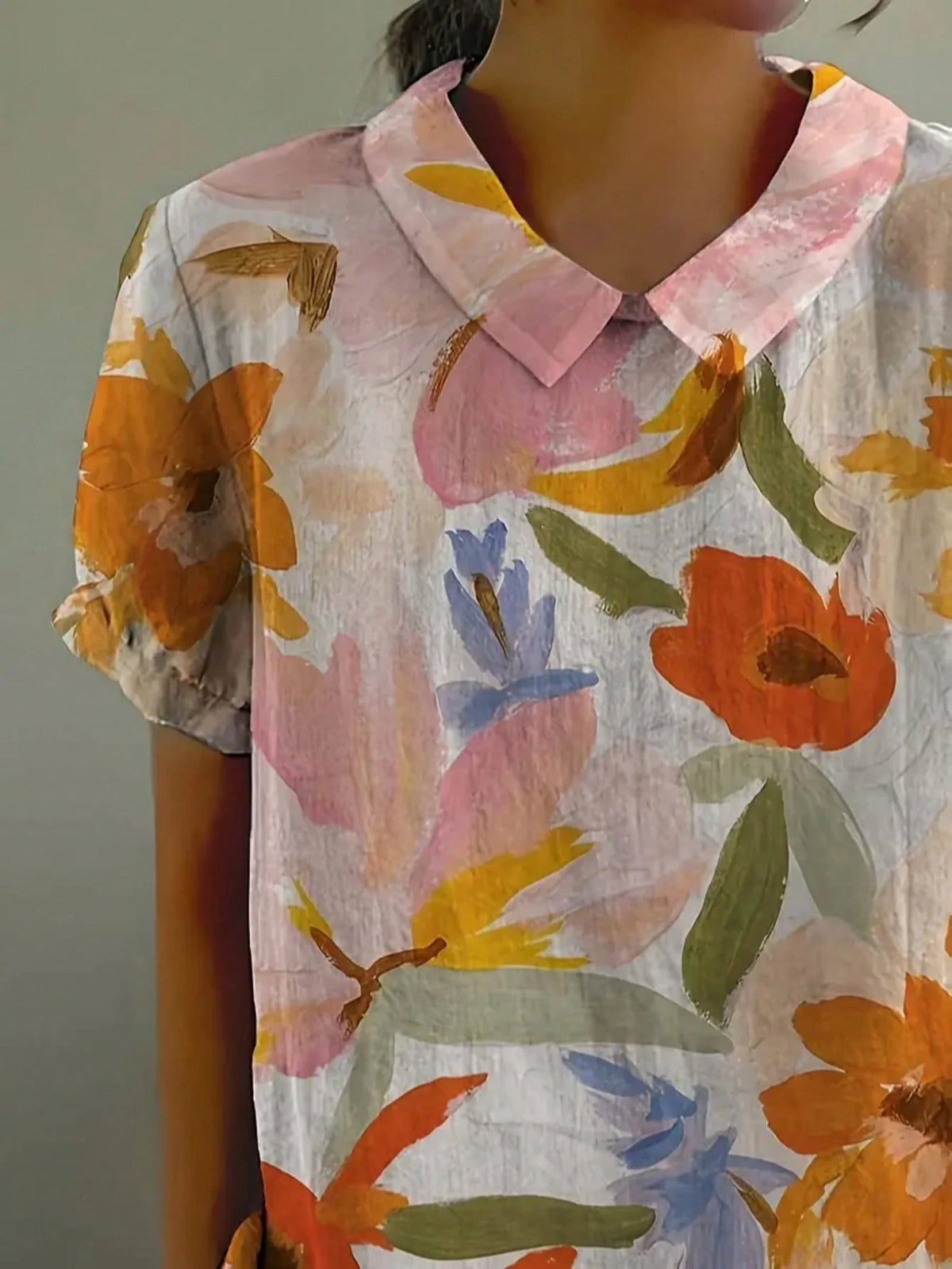 Plus Size Floral Woven Blouse, Regular Sleeve, Collar, Short Sleeve, Regular Length Shirt Summer