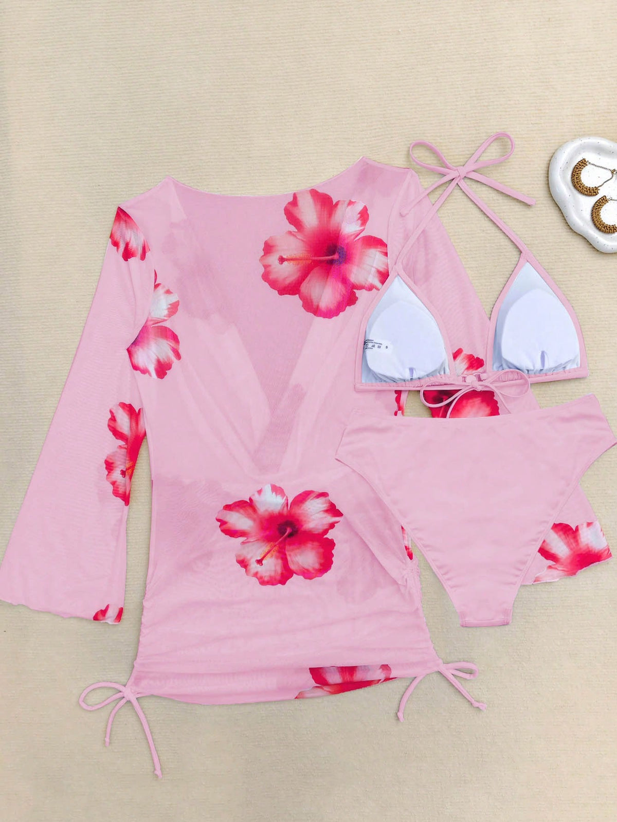 Plus Size Sexy 3 Pieces Set: Lace-Up Swim Top, Printed Beach Sarong & Pearl Decorated Swim Bottoms Vacation Summer Pink