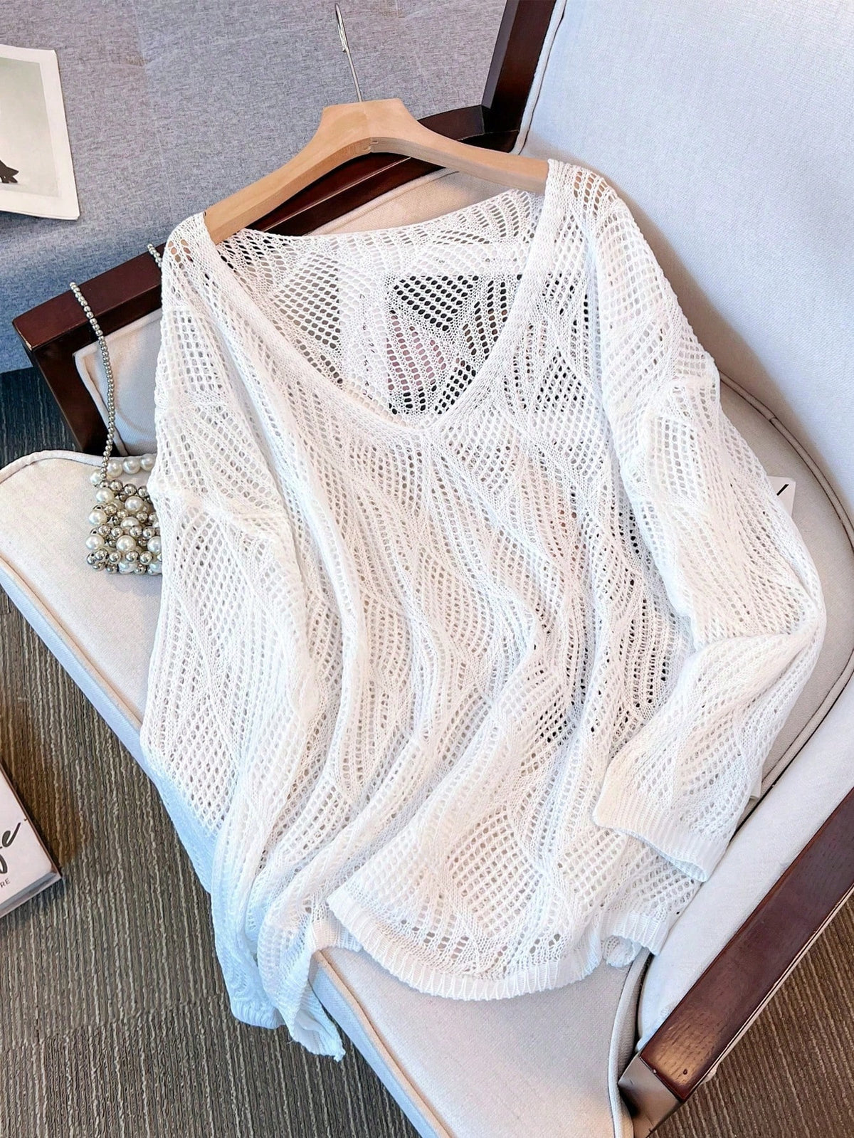 Plus Size Women Loose Knit Cover Up, V-Neck Hollow Rhombus Design, Lightweight Breathable Cover Up For Beach & Holiday Vacation Black Summer